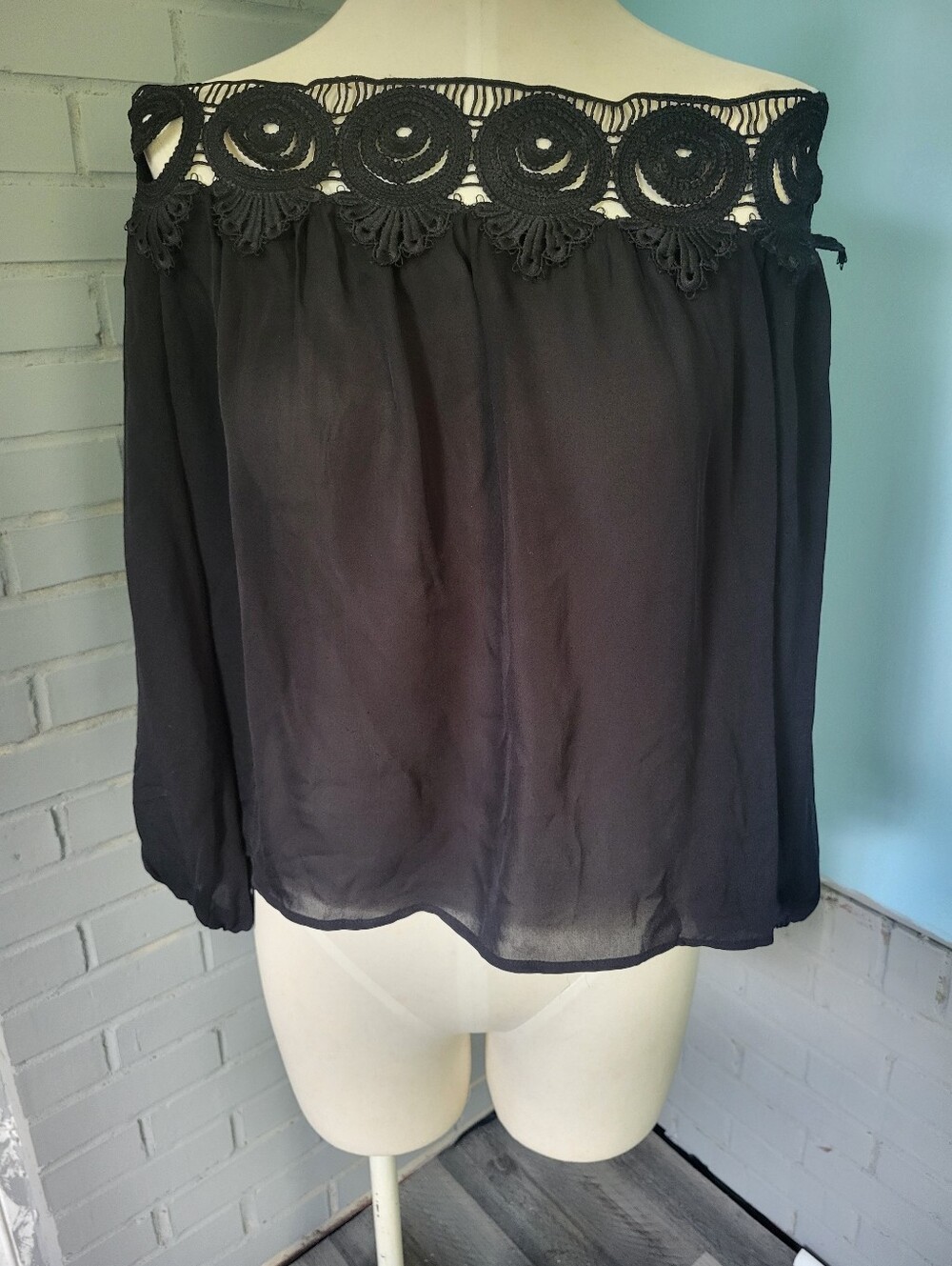 Stone Cold Fox Black Off-Shoulder Crochet Trim Blouse
